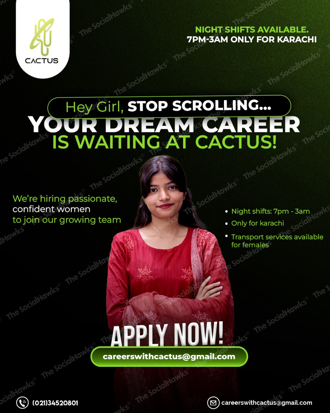 Cactus BPO women recruitment ad with confident woman in red dress on dark background